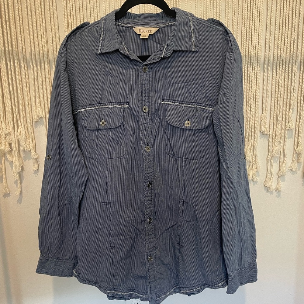 Decree Office Business Chic Pinstripe Long Sleeve Shirt Sz L